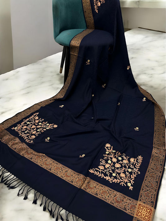 Black Rust Border Embroidered Peach Floral Pashmina Shawl