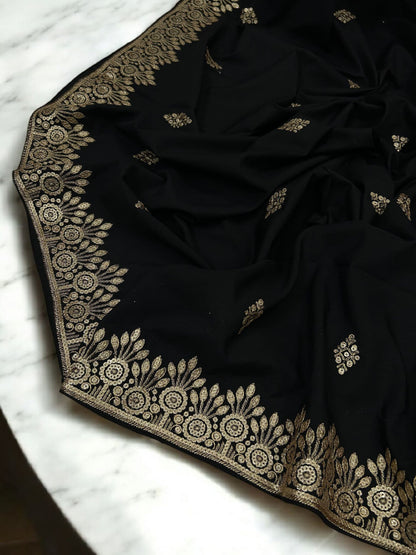 Black Gold Floral Sequence Bridal Embroidered Shaal