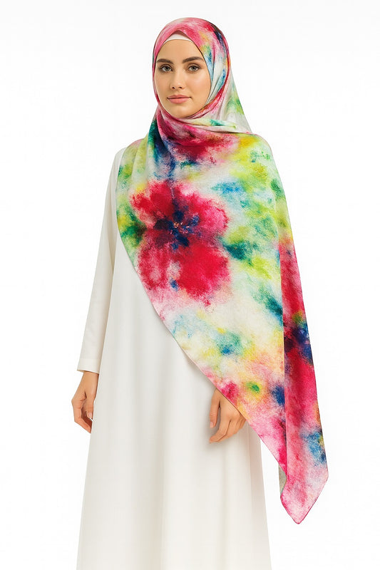 Large Satin Silk Scarf - Blurred Green Pink Floral