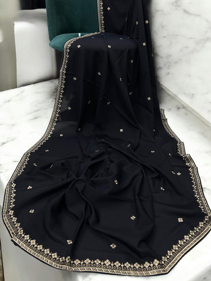 Black White Flowers Threadwork Embroidered Border Shaal