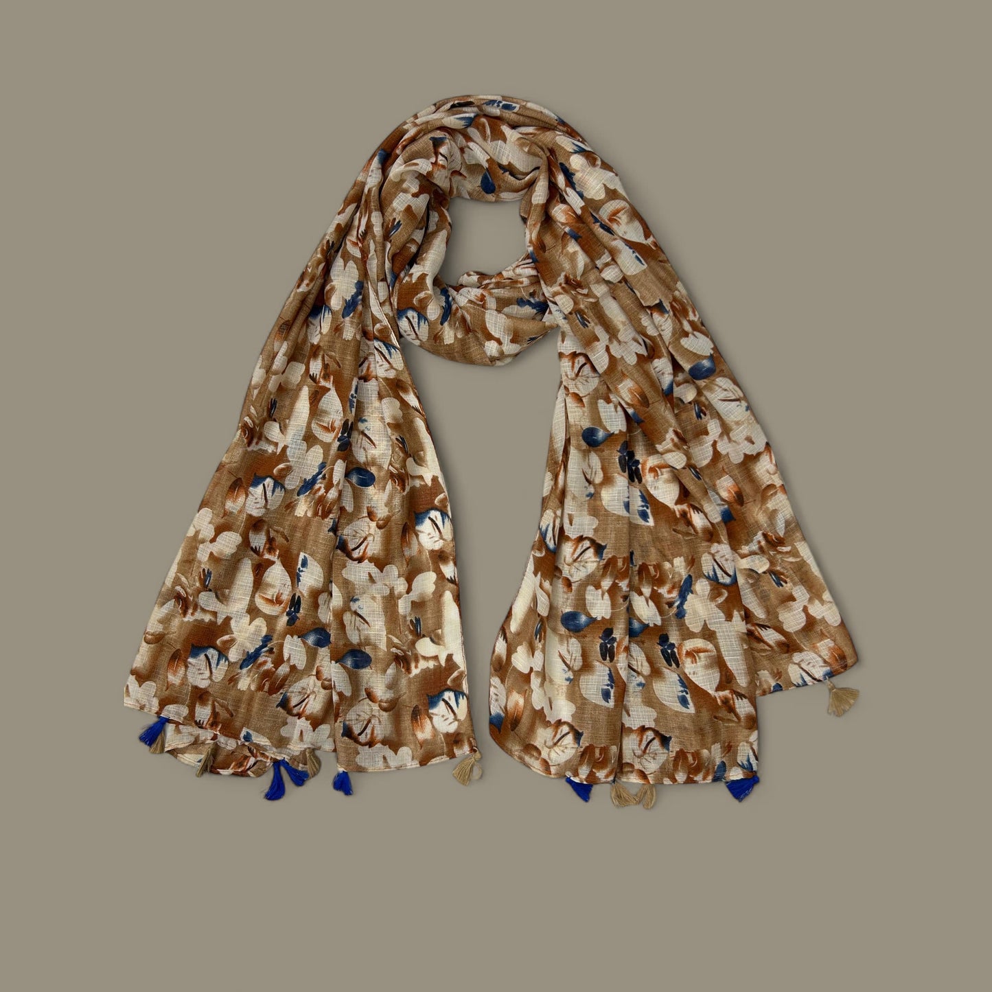 Brown Blue Floral Printed Modal Hijab