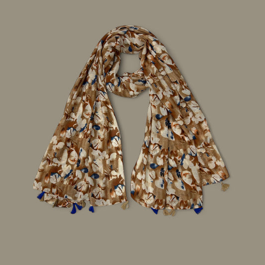 Brown Blue Floral Printed Modal Hijab