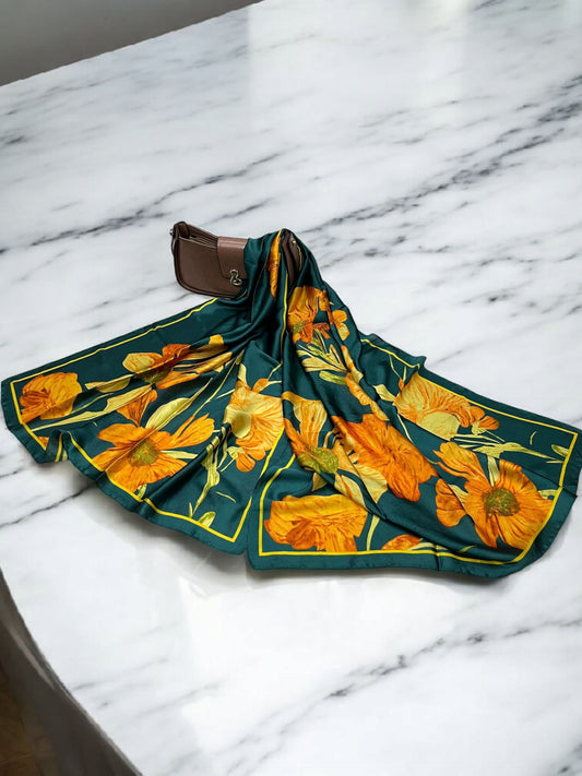 Large Satin Silk Scarf - Emerald Green Orange Floral