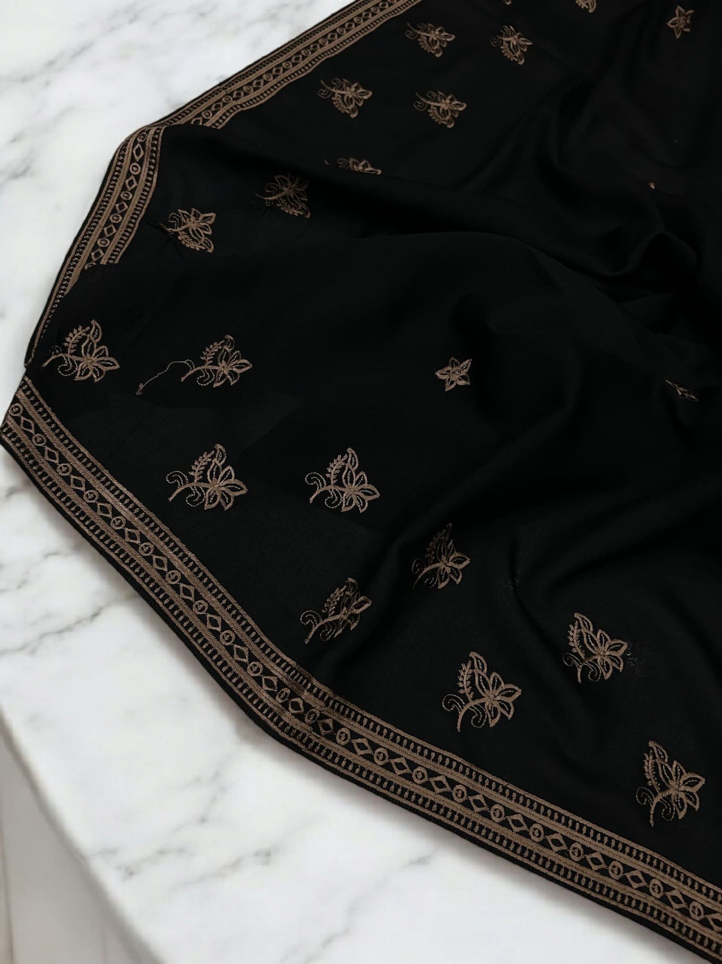 Black Peach Fancy Double Embroidered Floral Shaal