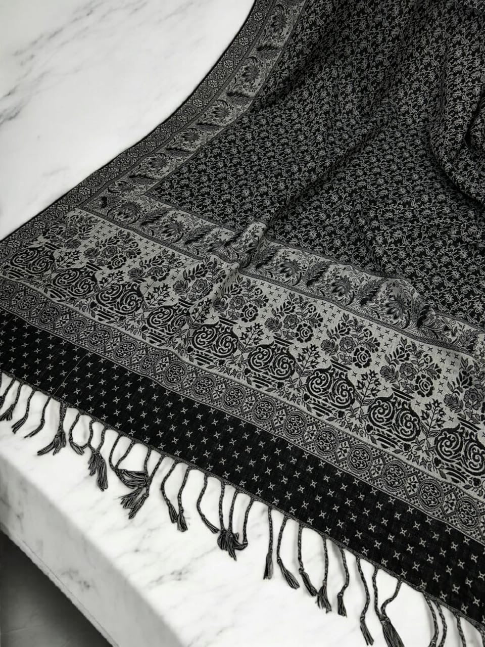 Threadwork Paisley Pashmina Shawl - Black Silver