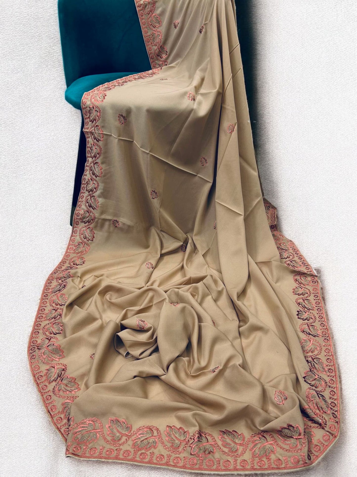 Khaki Coral Leaflets Fancy Embroidered Shaal