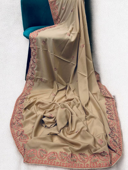 Khaki Coral Leaflets Fancy Embroidered Shaal
