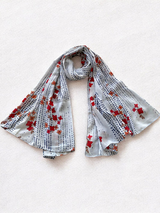 Ice Blue Red Flowers Printed Modal Hijab