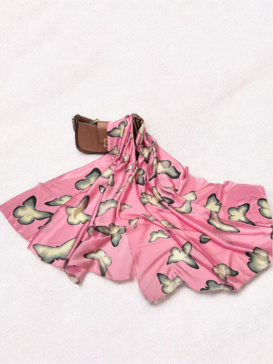 Large Satin Silk Scarf - Pink Butterfly