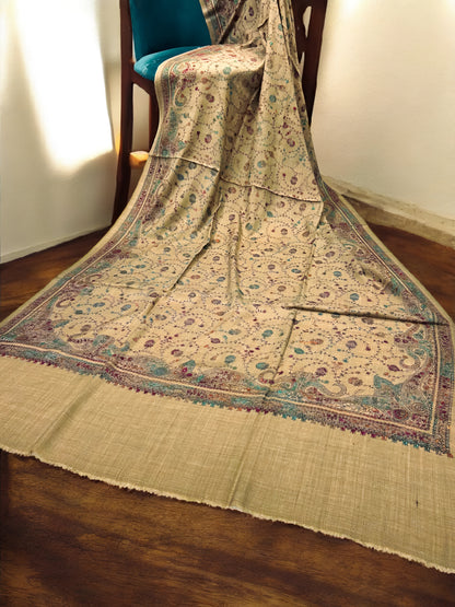 Khaki Teal Magenta - Hand Embroidered Paisley Kashmiri Shawl