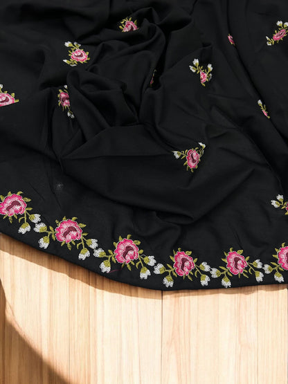 Black Pink Floral Garden Embroidered Shaal