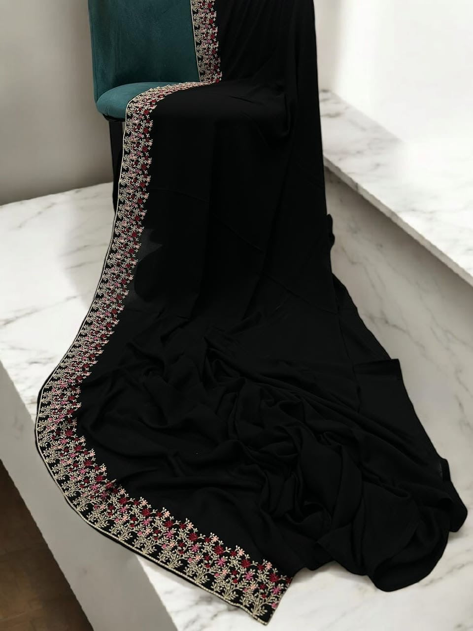 Luxury Black Floral Garden Border Korean Shaal