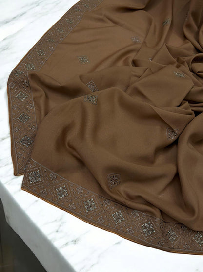 Caramel Brown Squares Threadwork Embroidered Border Shaal