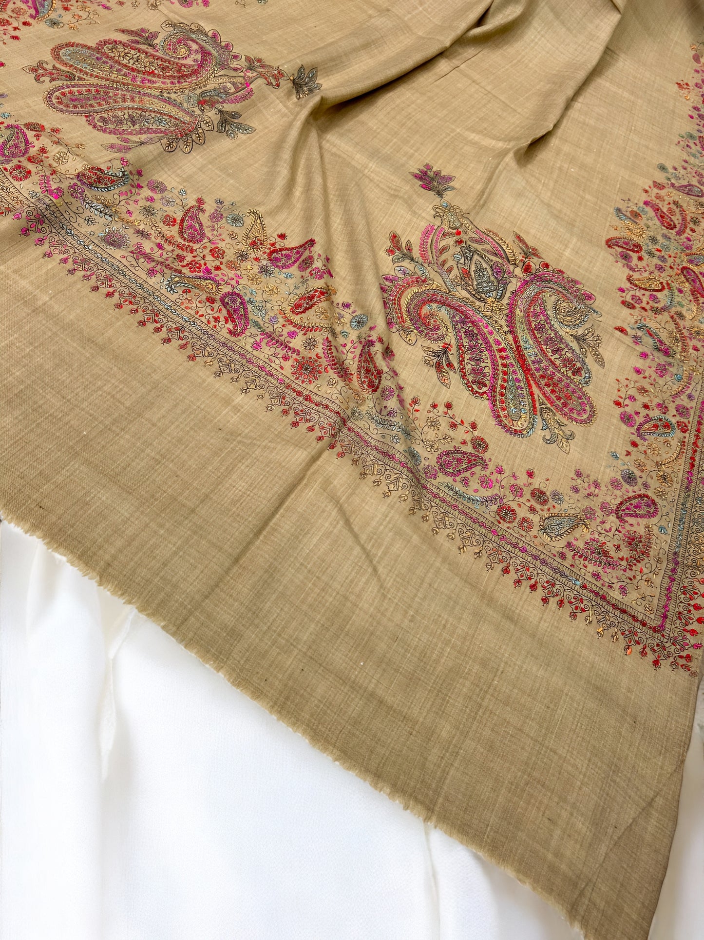 Light Brown Multi - Hand Embroidered Paisley Kashmiri Shawl