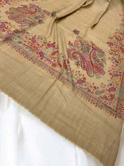 Light Brown Multi - Hand Embroidered Paisley Kashmiri Shawl