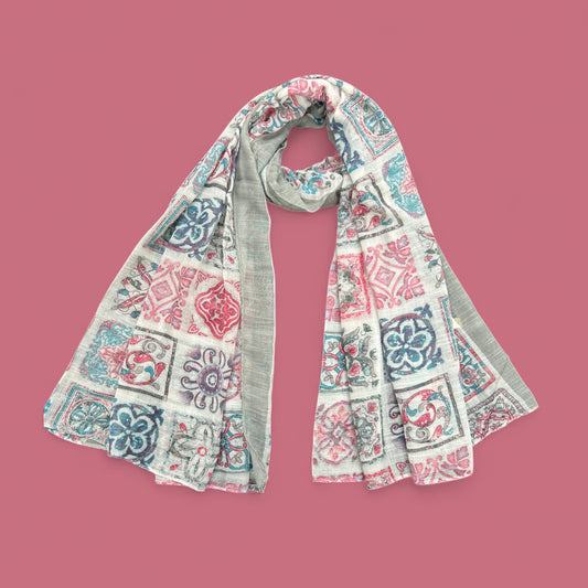 White Floral Squares Printed Modal Hijab