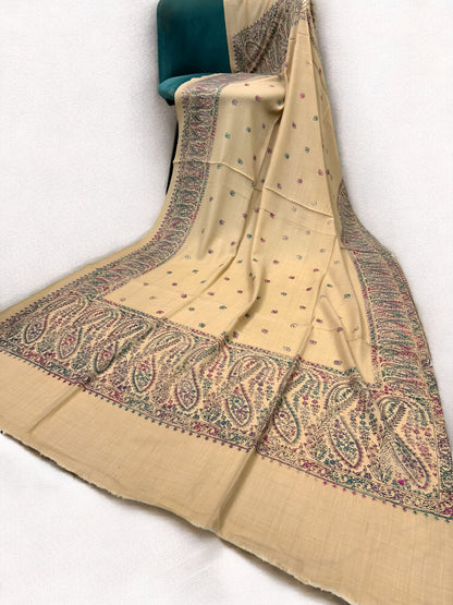 Beige Teal Pink Multi - Hand Embroidered Paisley Kashmiri Shawl