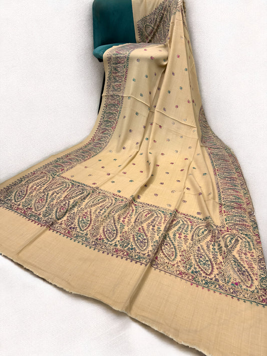 Beige Teal Pink Multi - Hand Embroidered Paisley Kashmiri Shawl