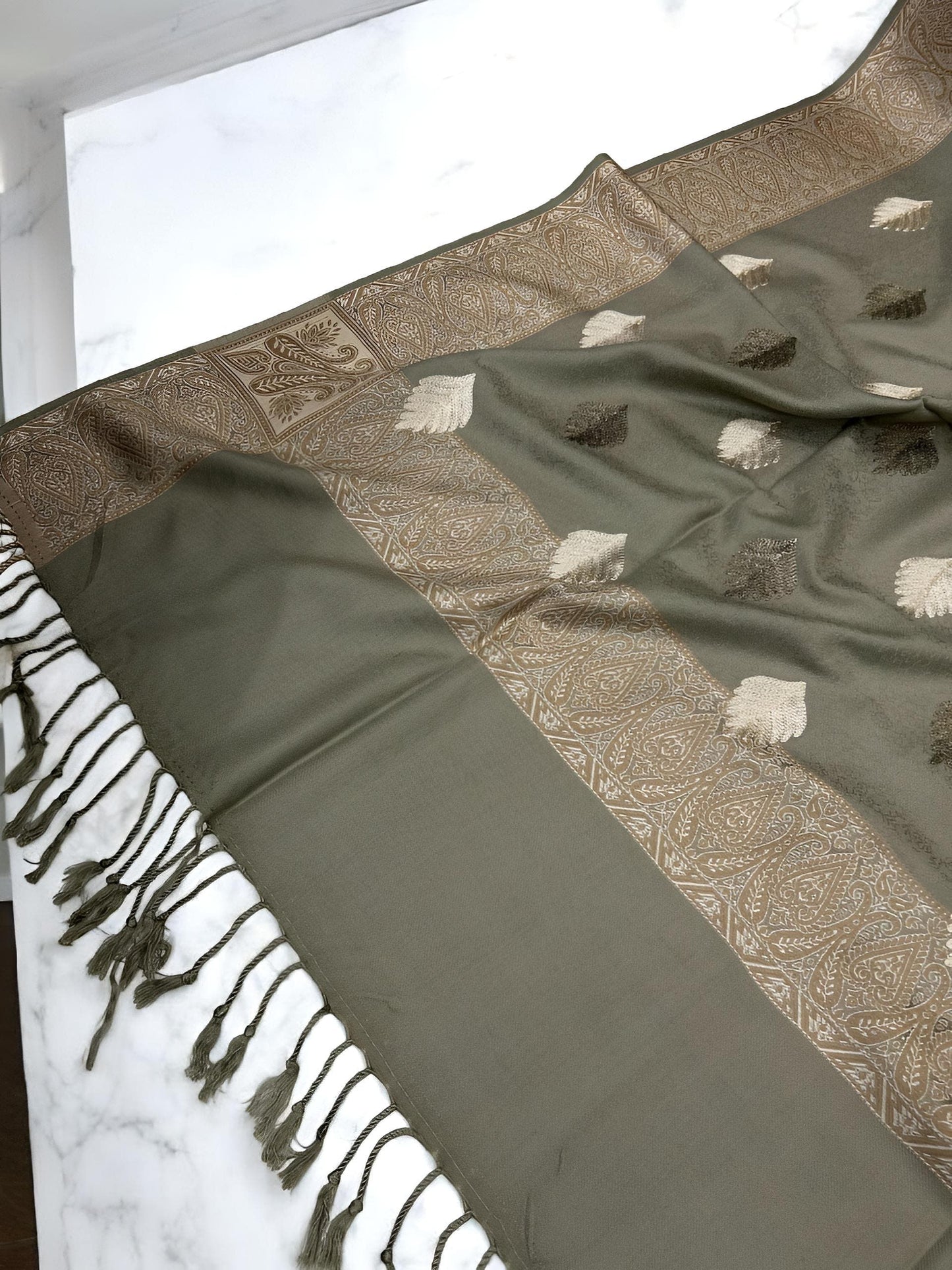 Gum Beige Cream Border Leaf Embroidered Pashmina Shawl