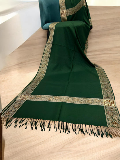 Green Plain Paisleys Border Pashmina Hijab