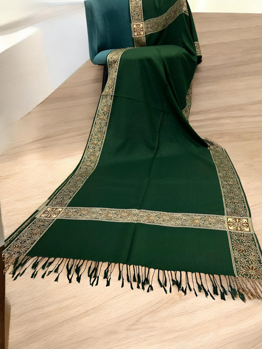 Green Plain Paisleys Border Pashmina Hijab