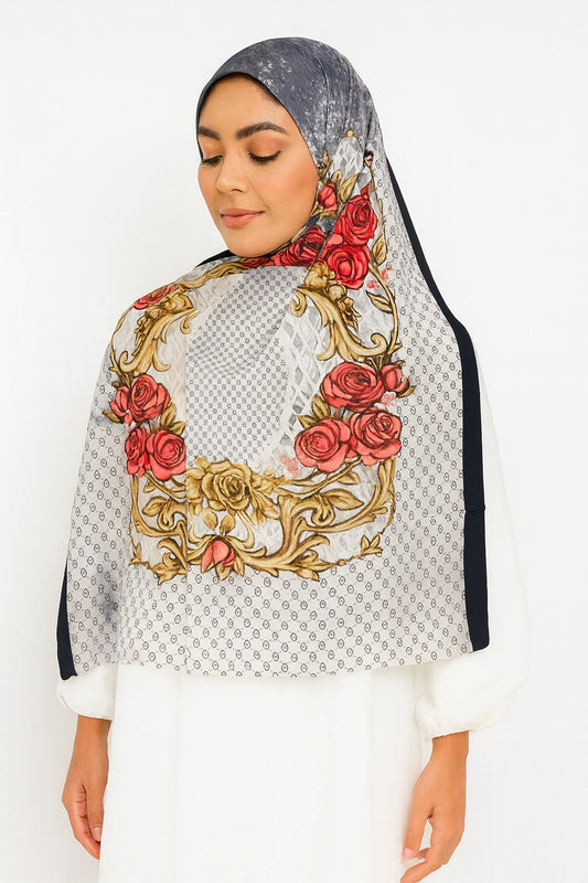 Large Satin Silk Scarf - Black & White Gucci Floral