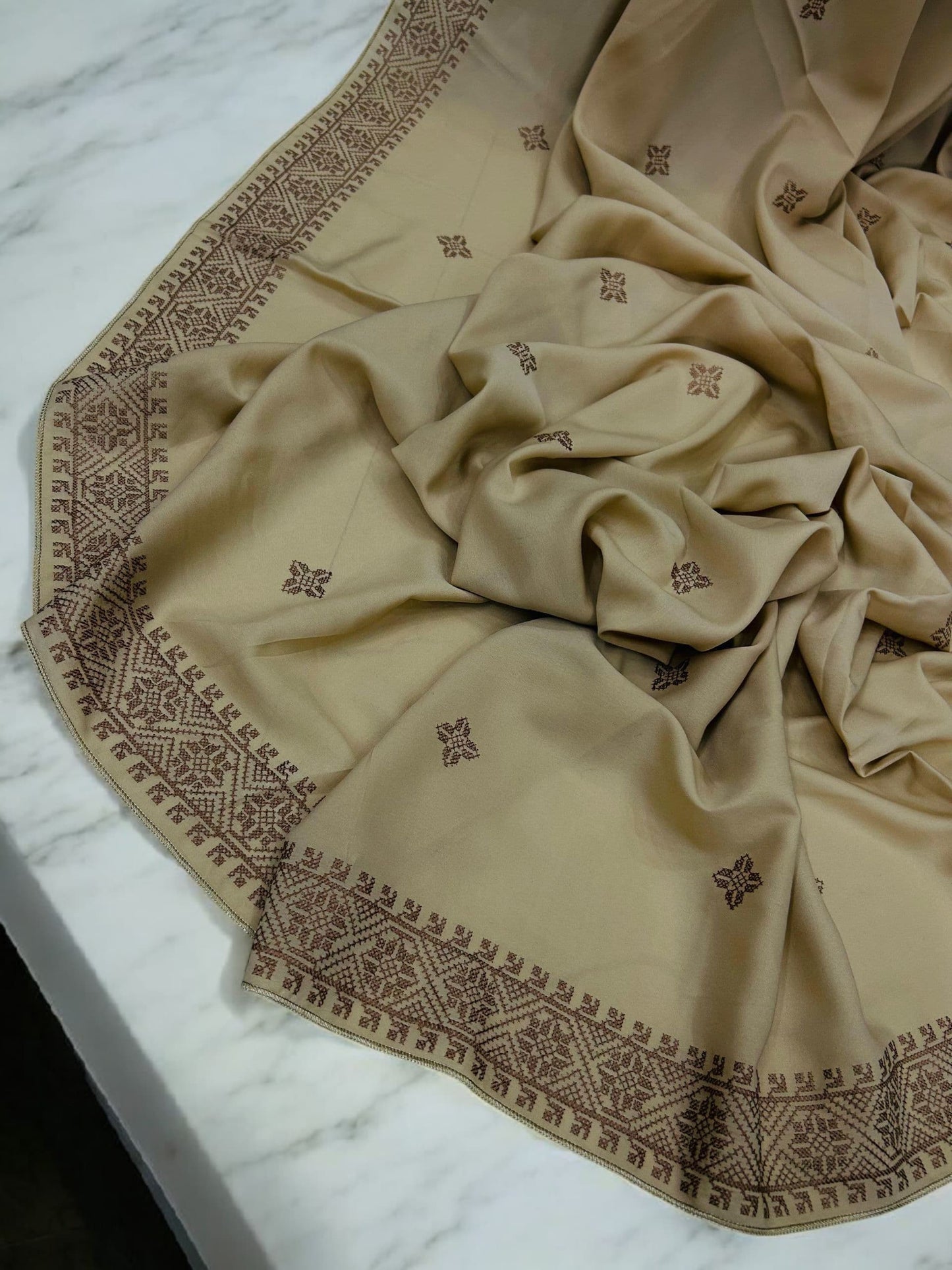 Creamy White Brown Mosaic Fancy Embroidered Shaal