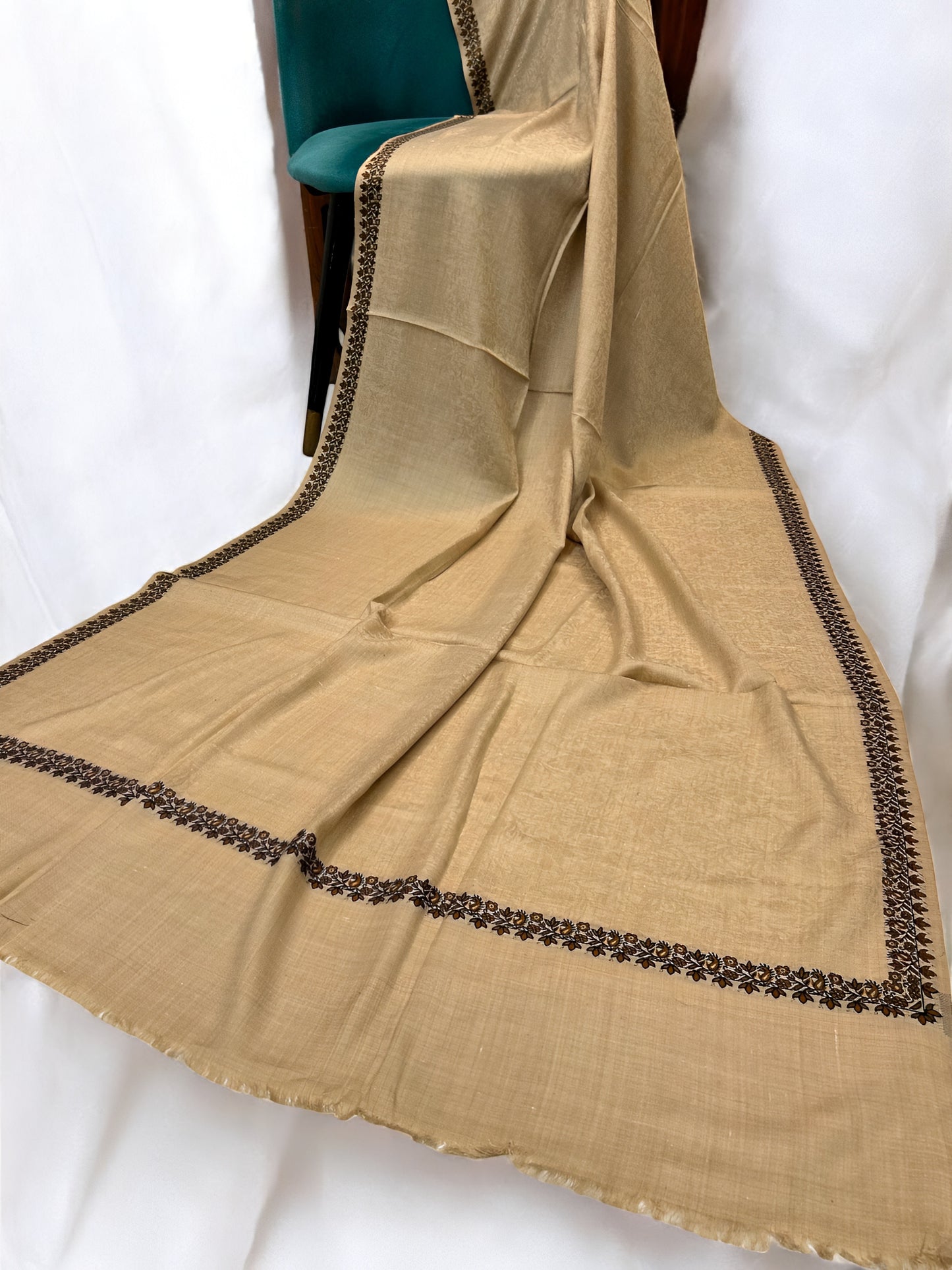 Beige - Plain Kashmiri Border Shawl