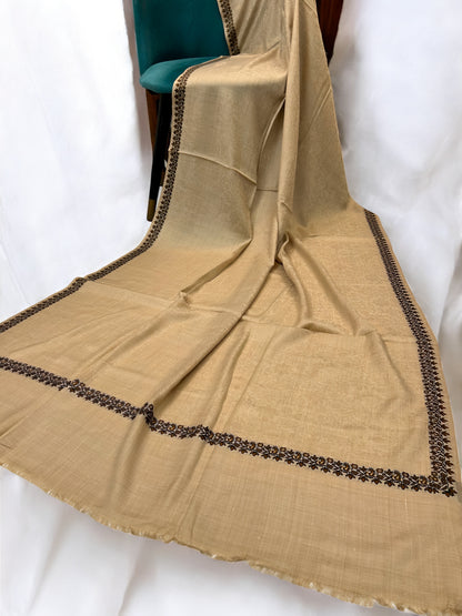 Beige - Plain Kashmiri Border Shawl