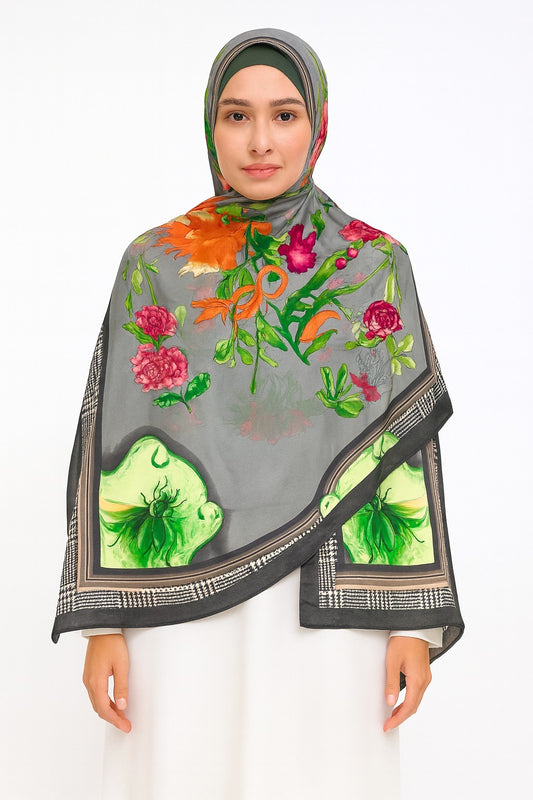 Large Satin Silk Scarf - Grey Painted Garden