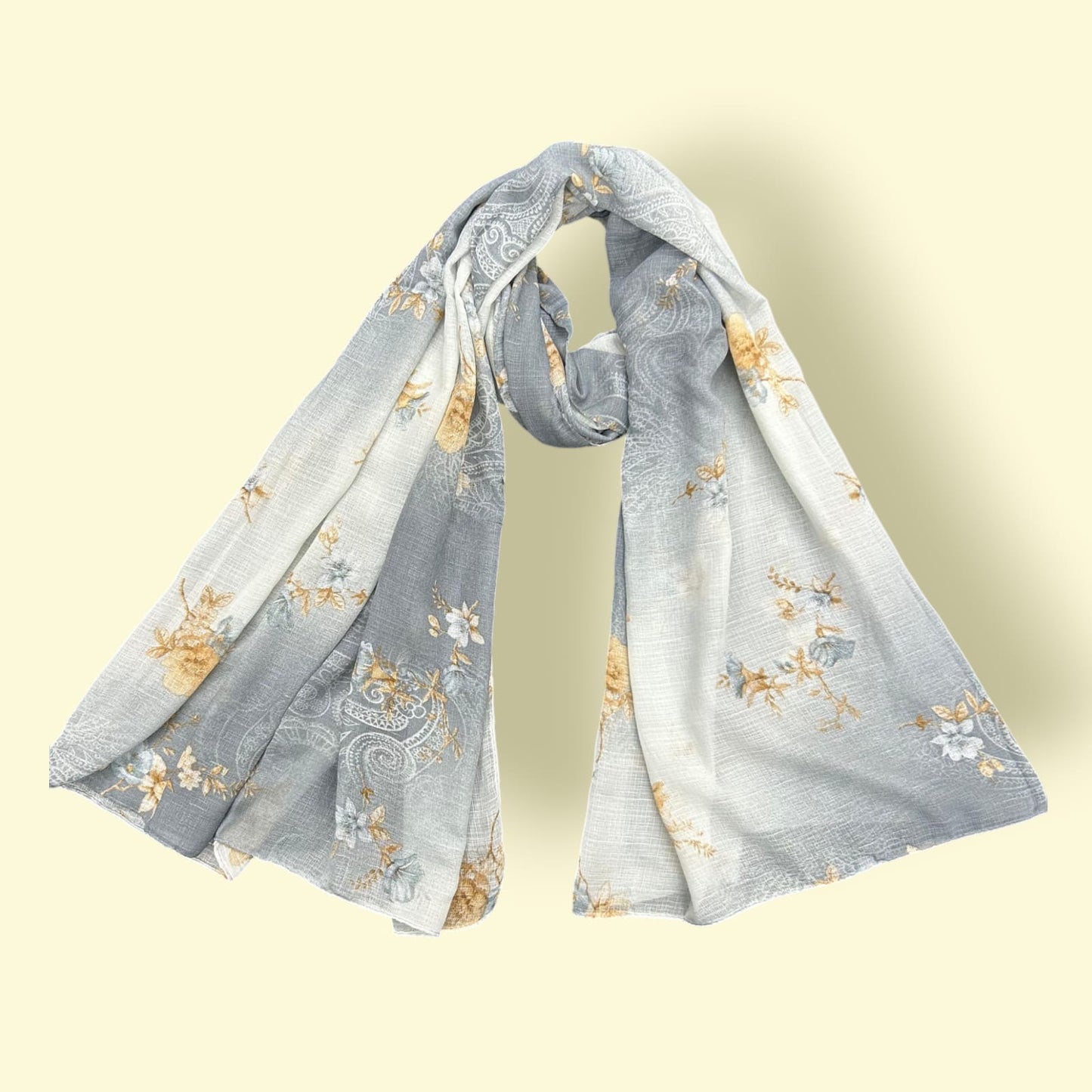 Grey Ashy White Floral Printed Modal Hijab