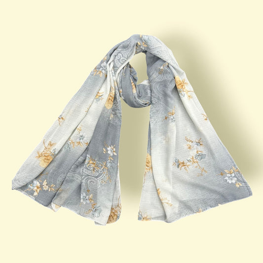 Grey Ashy White Floral Printed Modal Hijab