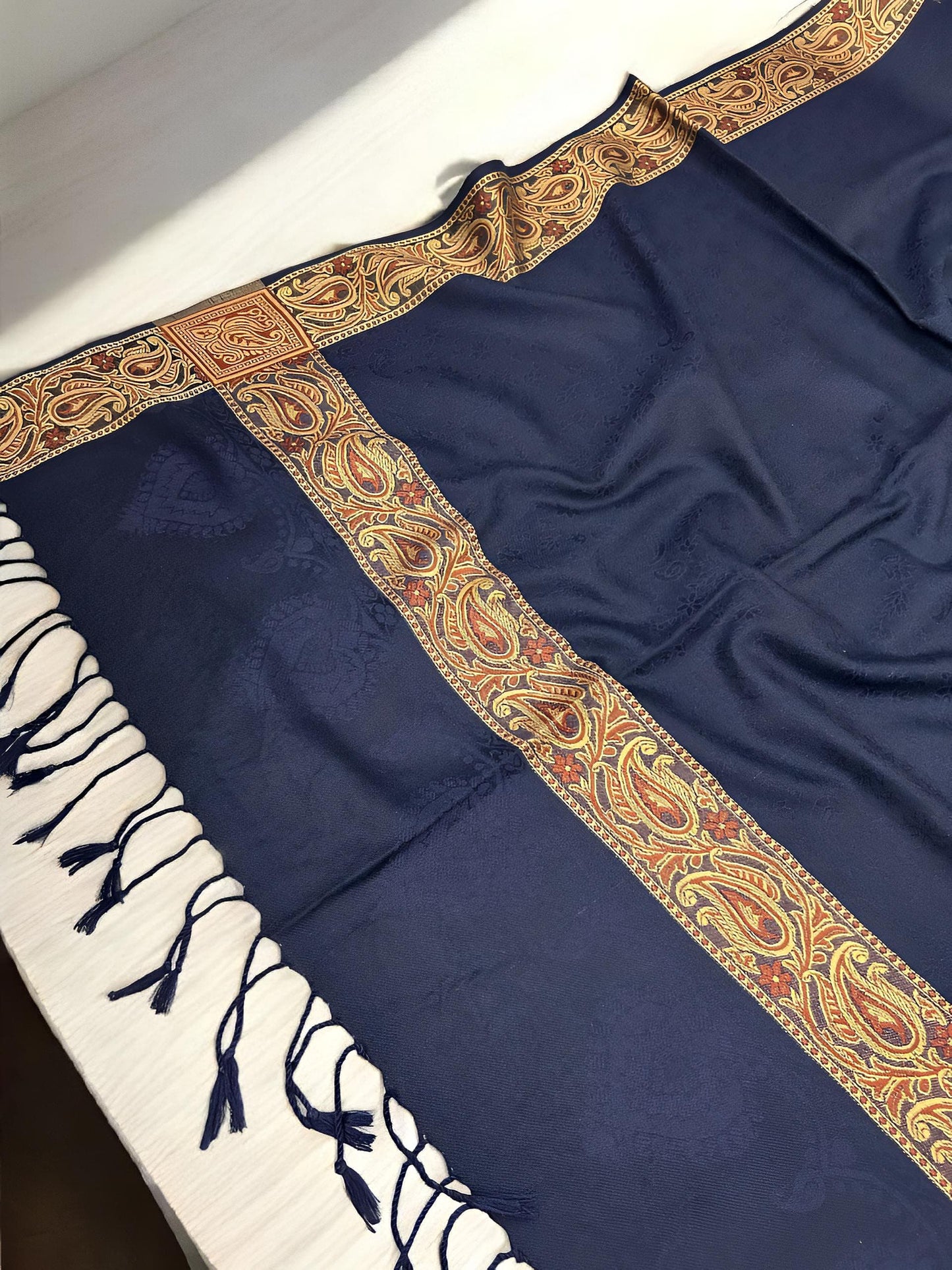 Blue Beige Embossed Patchwork Border Shawl