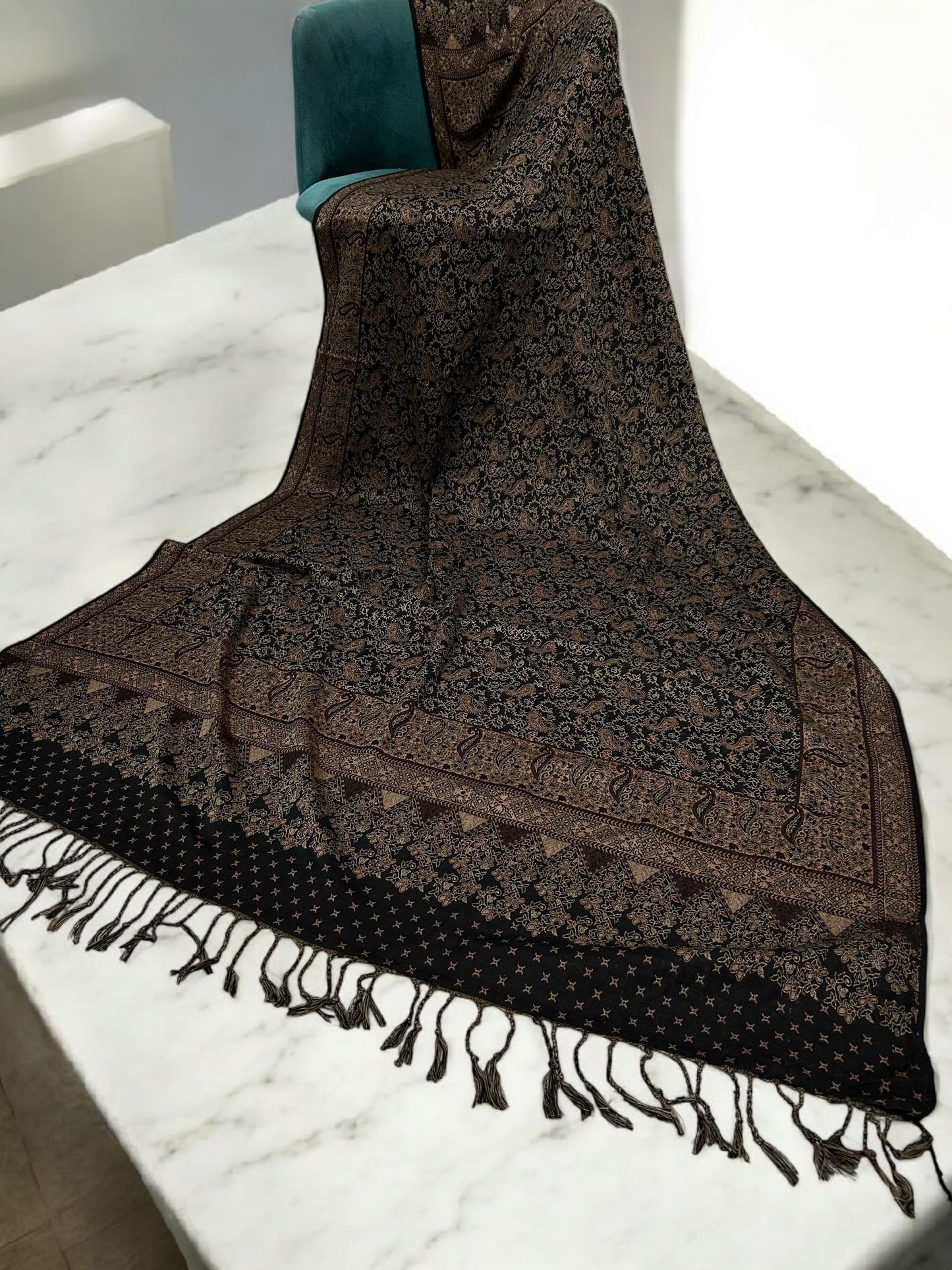 Threadwork Paisley Pashmina Shawl - Black Brown Beige