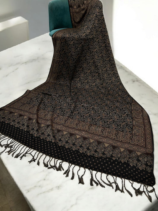 Threadwork Paisley Pashmina Shawl - Black Brown Beige