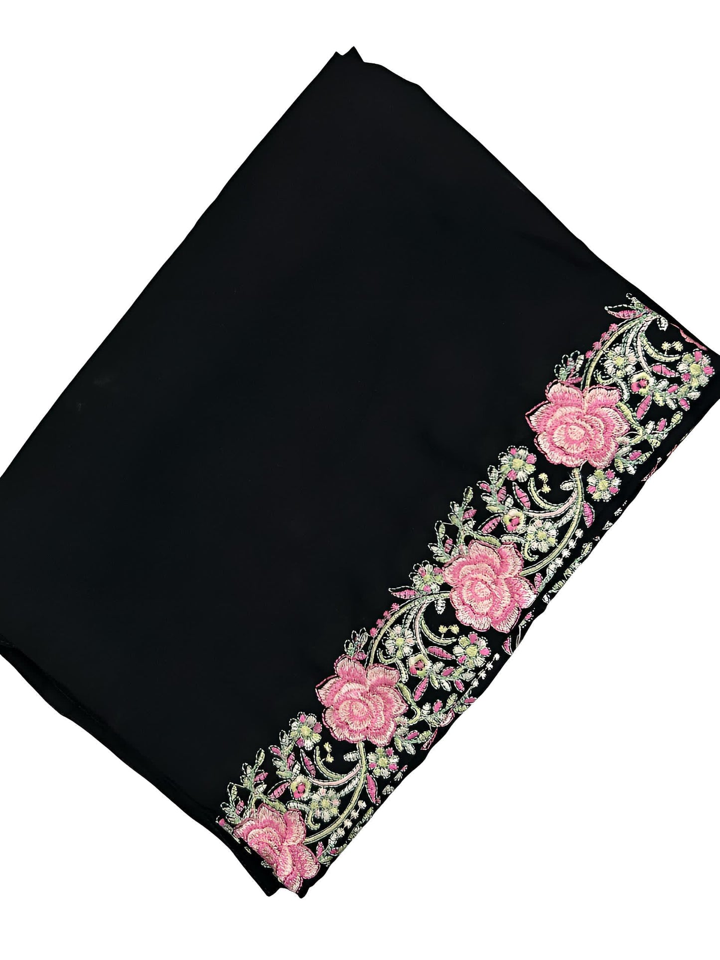 Black Pink Roses Floral Border Shaal