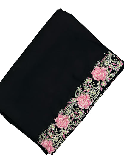 Black Pink Roses Floral Border Shaal