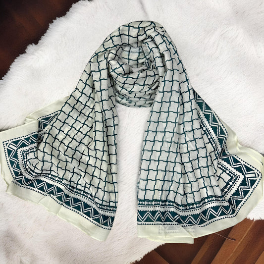 Cream Teal Geometric Printed Lawn Hijab