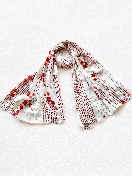 White Maroon Flowers Printed Modal Hijab