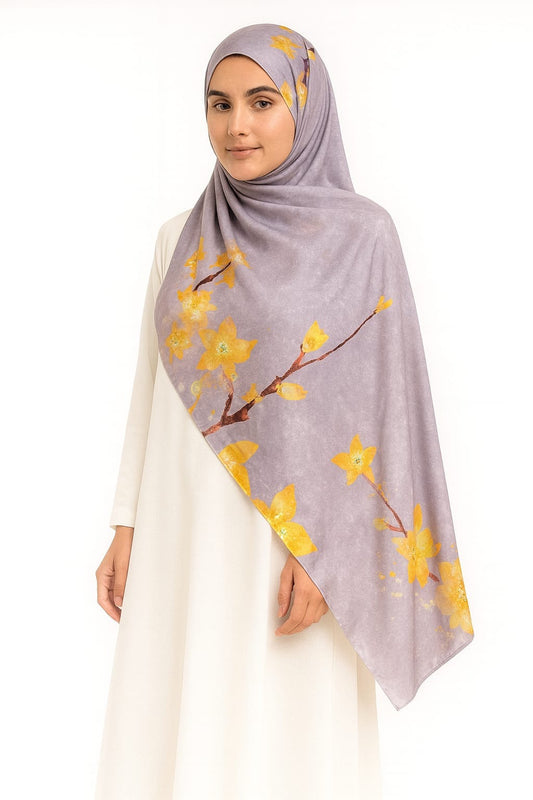Large Satin Silk Scarf - Chardon Purple Floral