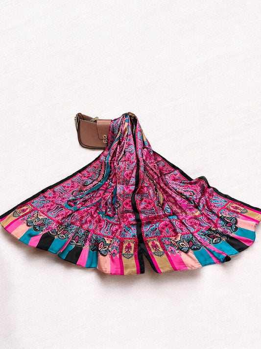 Satin Silk Scarf - Pink Black Lined Paisleys