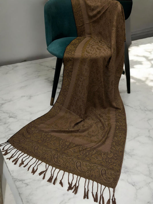 Beige Brown Kelly Green Two-tone Paisley Pashmina Hijab