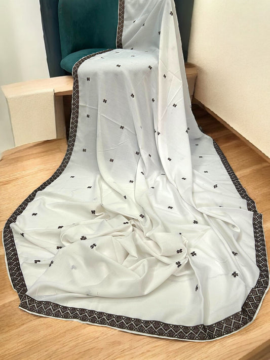 White Maroon Curved Border Embroidered Shaal