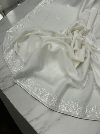 Pure White Star Border Embroidered Shaal