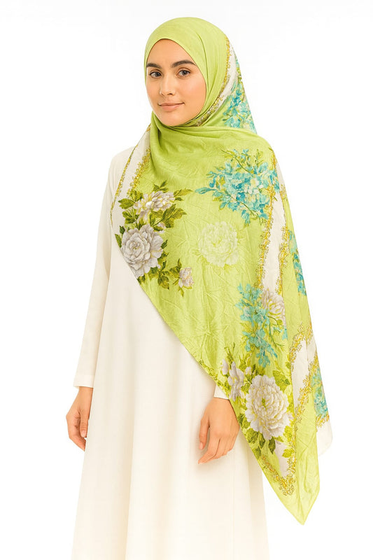 Large Satin Silk Scarf - Pear Green Floral