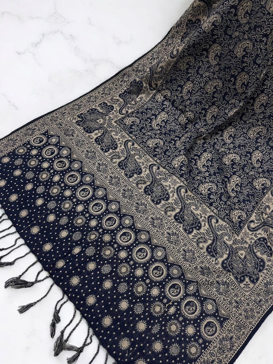 Midnight Blue Beige Dotted Two-tone Paisley Pashmina Hijab