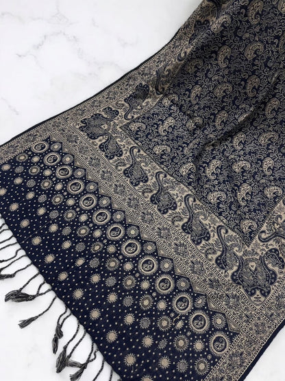 Midnight Blue Beige Dotted Two-tone Paisley Pashmina Hijab