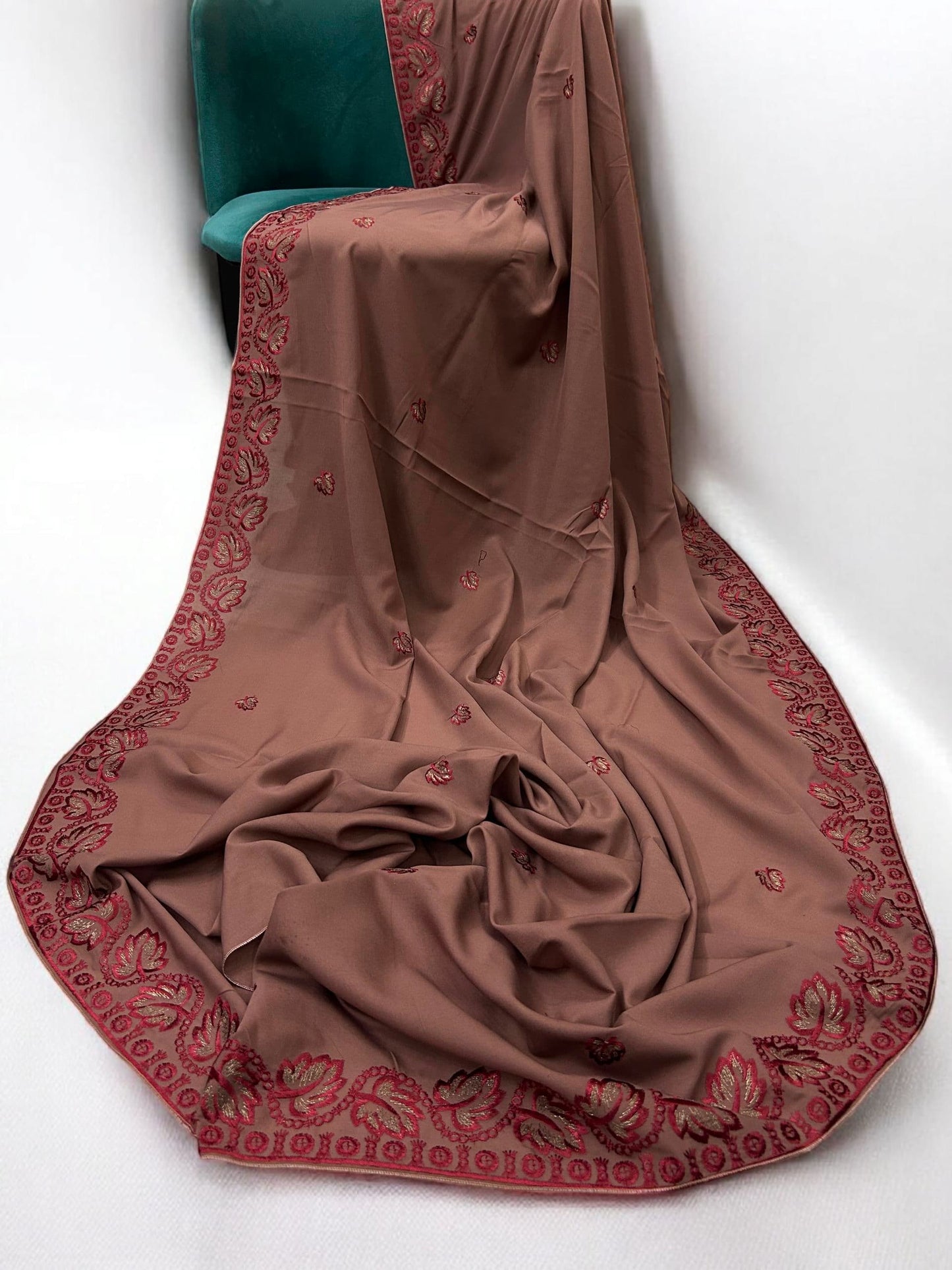 Terracotta  Red Leaflets Fancy Embroidered Shaal