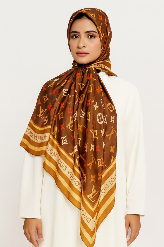 Large Satin Silk Scarf - Brown Gold LV