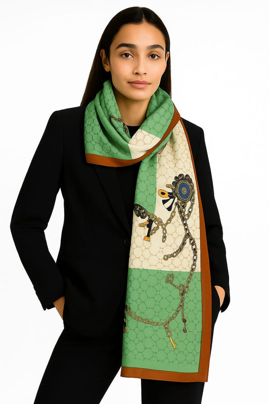 Printed Viscose Wool Hijab - White Green Chains